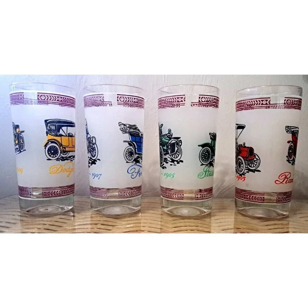 Vinage Set of Four Double Old Fashion Glasses Antique Cars